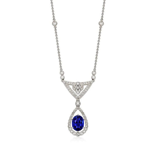 Gold Halo Pendant Oval Blue Sapphire & Diamond Necklace 2 Carats - Gemstone Pendant-harrychadent.ca