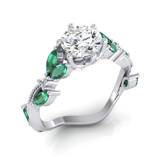 Green Leaf Emerald & Diamond Ring 2 Carats Designer 14K Gold