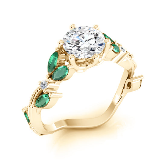 Green Leaf Emerald & Diamond Ring 2 Carats Designer 14K Gold