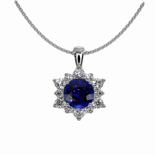 Round Ceylon Sapphire & Diamond Halo Pendant Star Style 2.50 Carats - Gemstone Pendant-harrychadent.ca