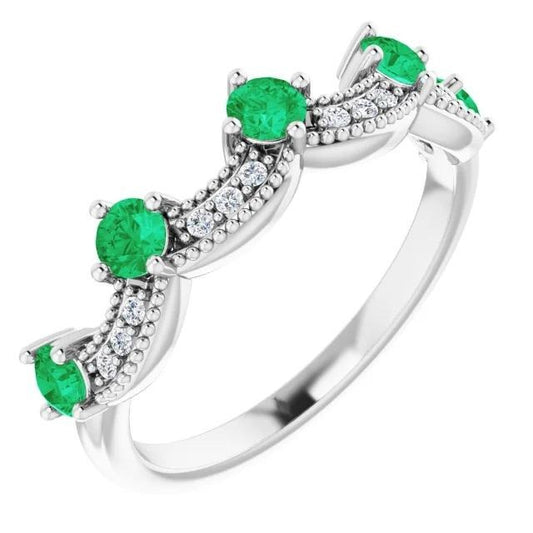Half Eternity Natural Earth Mined Diamond Band Green Emeralds Prong Set