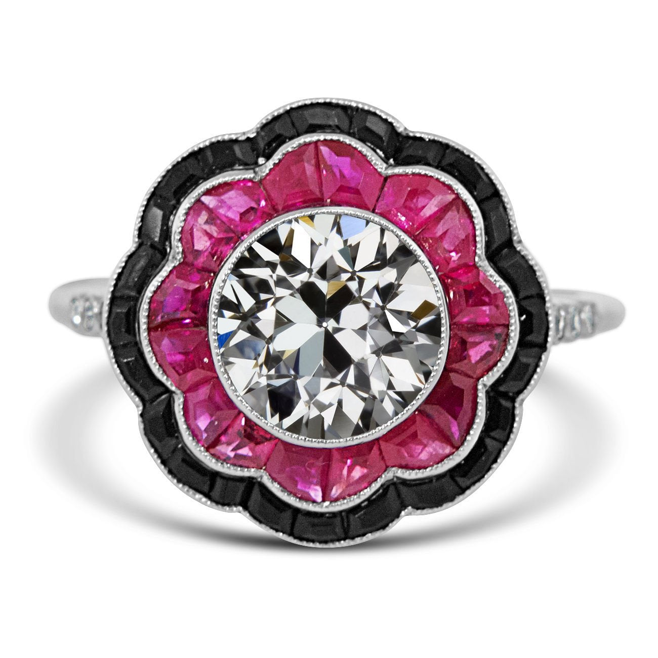 Halo Art Deco Jewelry New Old Cut Ring Black Onyx & Pink Sapphire Flower Style