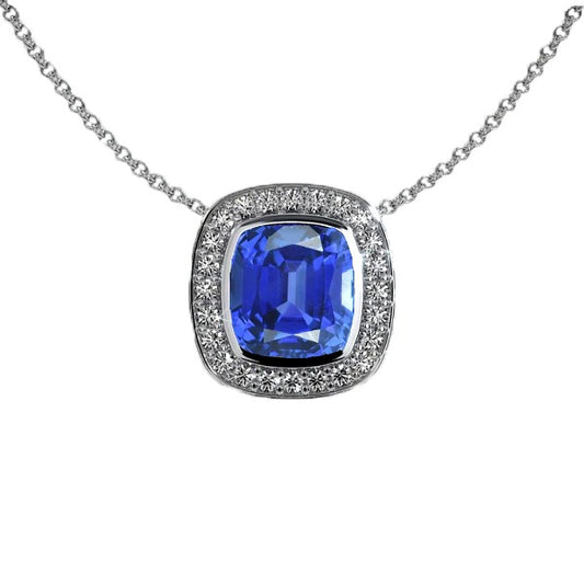 Halo Cushion Gemstone & Round Diamond Pendant 14K Gold 3.50 Carats - Gemstone Pendant-harrychadent.ca