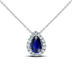 Halo Pear Ceylon Sapphire & Round Natural Earth Mined Diamond Pendant 2.50 Carats