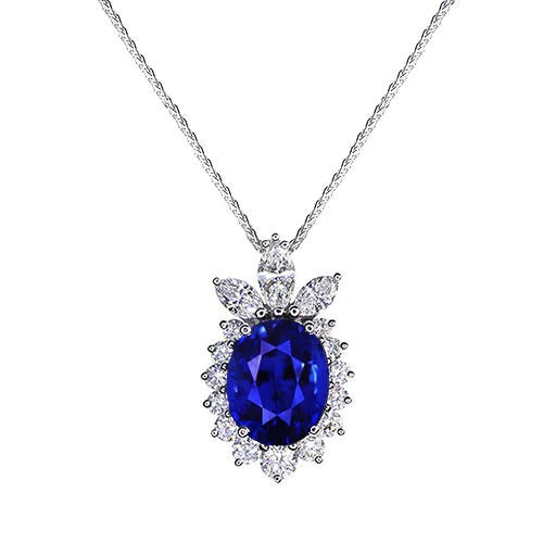 Halo Pendant Oval Ceylon Sapphire Round & Marquise Diamond 2 Carats - Gemstone Pendant-harrychadent.ca