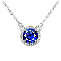 Halo Round Blue Sapphire & Natural Earth Mined Diamond Dog Ear Pendant 1.50 Carats