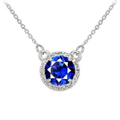 Halo Round Blue Sapphire & Diamond Dog Ear Pendant 1.50 Carats - Gemstone Pendant-harrychadent.ca