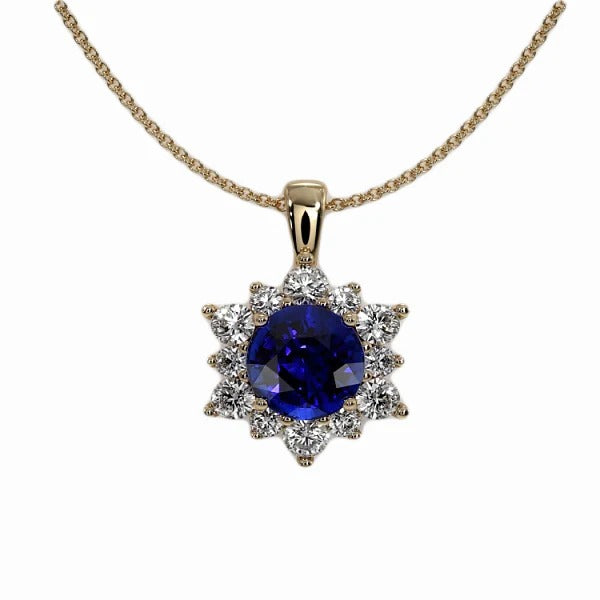 Yellow Gold Halo Round Sapphire & Diamond Pendant 2.50 Carats - Gemstone Pendant-harrychadent.ca