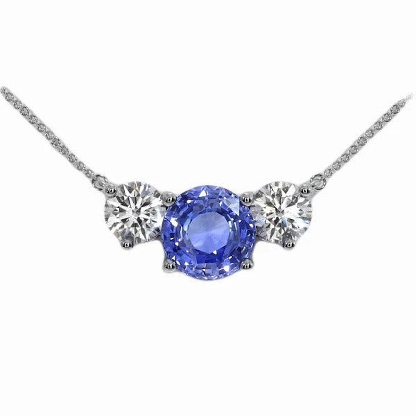 Round Sapphire & Diamond 3 Stone Pendant Necklace 3.50 Carats - Gemstone Pendant-harrychadent.ca