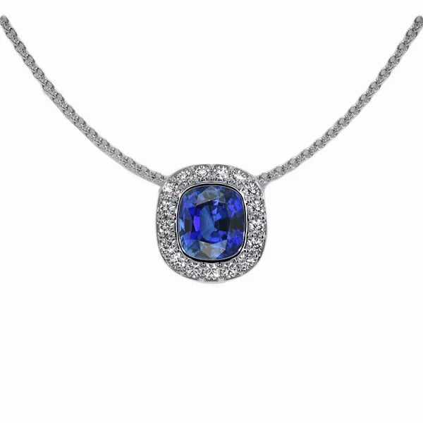 Halo Cushion Ceylon Sapphire & Round Diamond Pendant 2 Carats - Gemstone Pendant-harrychadent.ca