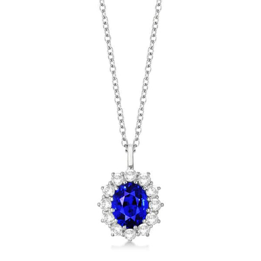 Diamond Halo Oval Ceylon Sapphire Pendant Flower Style 2 Carats - Gemstone Pendant-harrychadent.ca