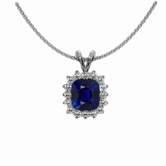 Halo Cushion Srilankan Sapphire Gemstone Diamond Pendant 2 Carats - Gemstone Pendant-harrychadent.ca