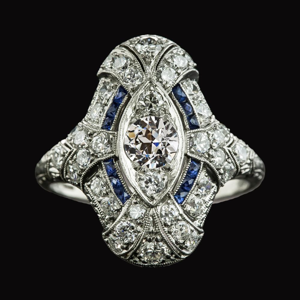 Like Edwardian Jewelry Old Cut Diamond Baguette Sapphire Ring Milgrain