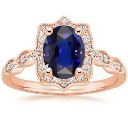 Like Edwardian Jewelry Rose Gold Natural Earth Mined Diamond & Ceylon Oval Sapphire Ring