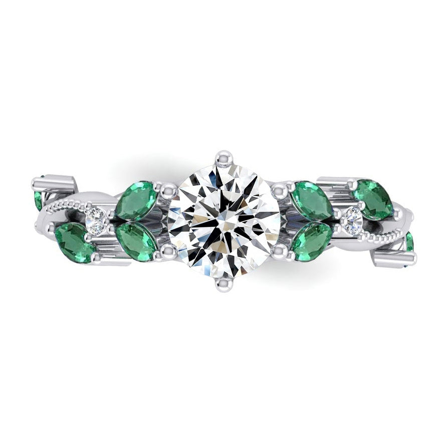 Green Leaf Emerald & Diamond Ring 2 Carats Designer 14K Gold