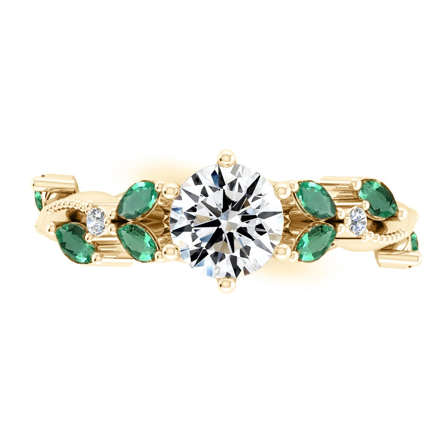 Green Leaf Emerald & Diamond Ring 2 Carats Designer 14K Gold