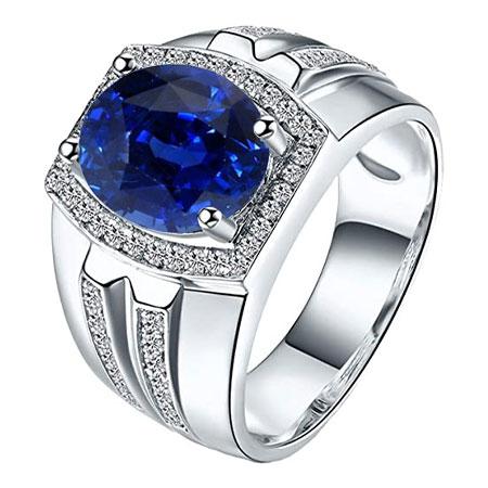 Men's Halo Ring 4 Carats Oval Diamond & Blue Sapphire Jewelry 14K Gold