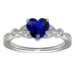 Miligrain Deep Blue Sapphire Ring 3 Carats Round Natural Earth Mined Diamond Leaf Style