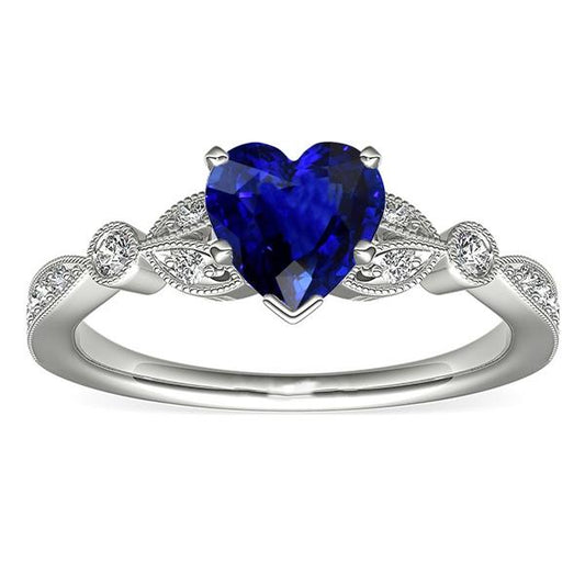 Miligrain Deep Blue Sapphire Ring 3 Carats Round Diamond Leaf Style