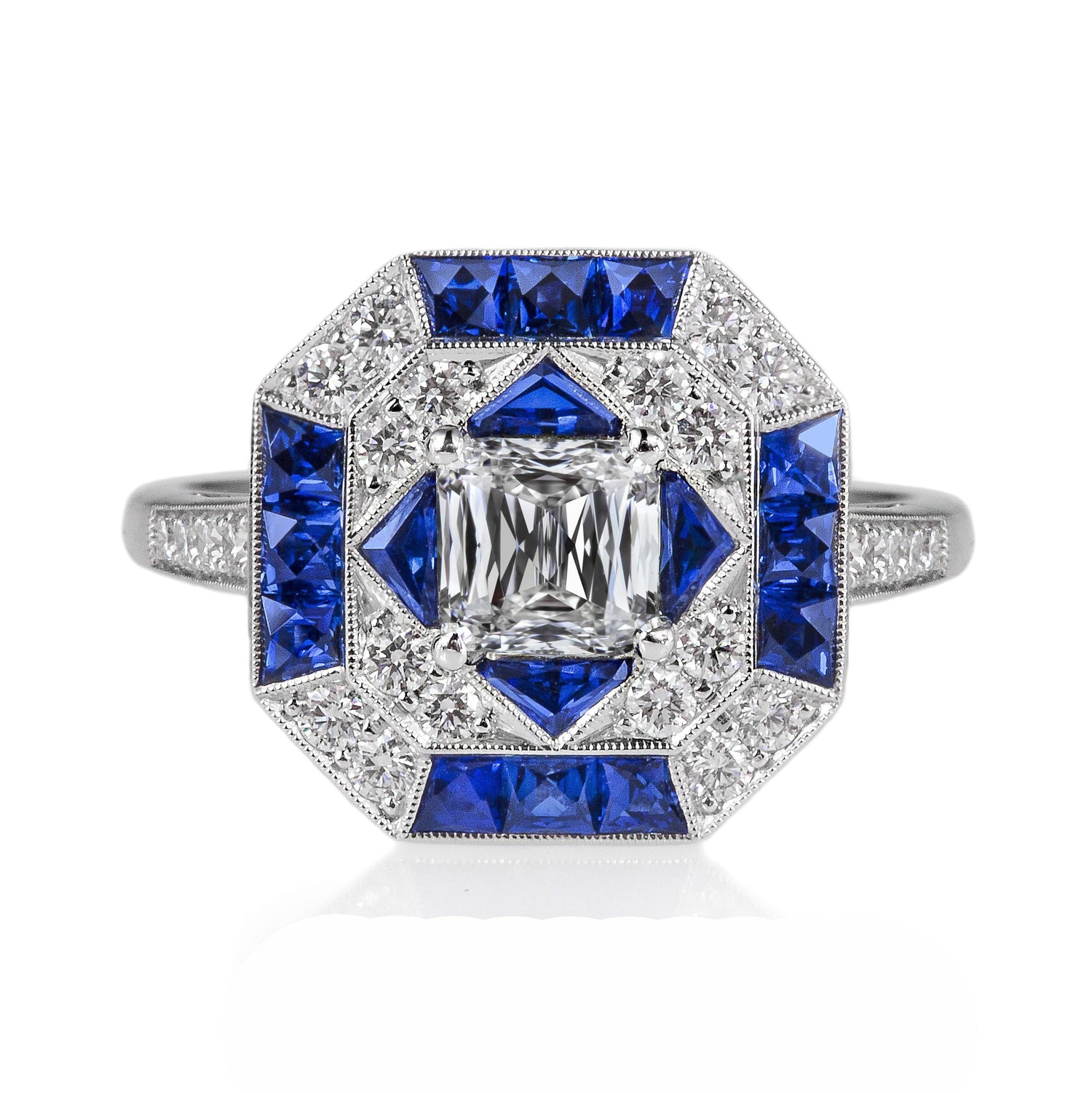 Miligrain Halo Sapphire Ring Trapezoid & Princess Diamond 4.50 Carats