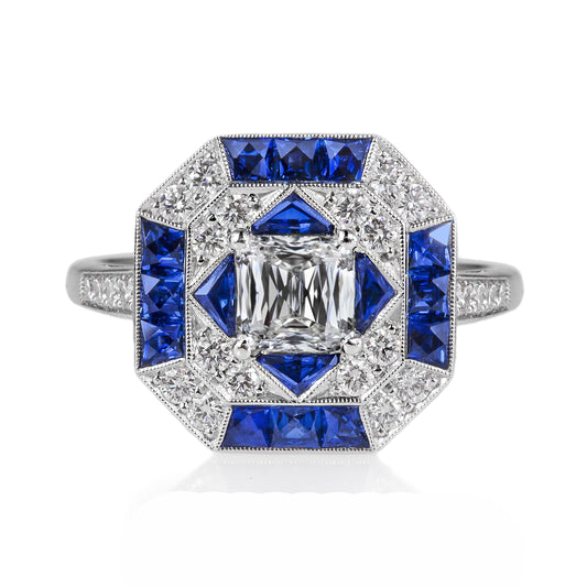 Miligrain Halo Sapphire Ring Trapezoid & Princess Diamond 4.50 Carats