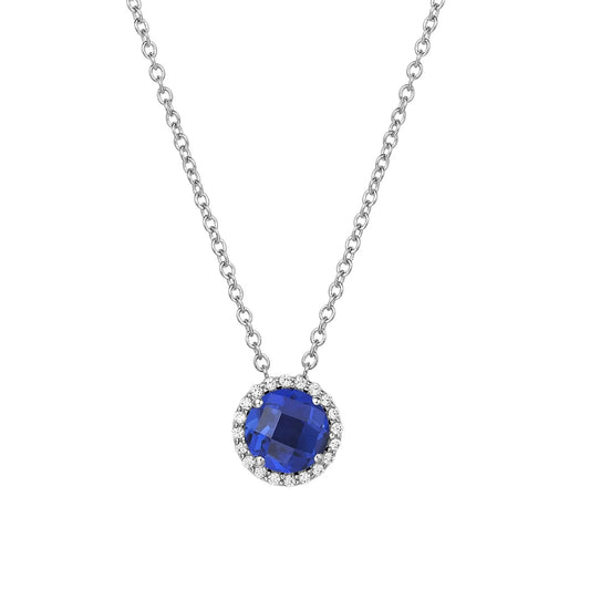 Diamond & Round Blue Sapphire Halo Pendant With Chain 1.50 Carats - Gemstone Pendant-harrychadent.ca