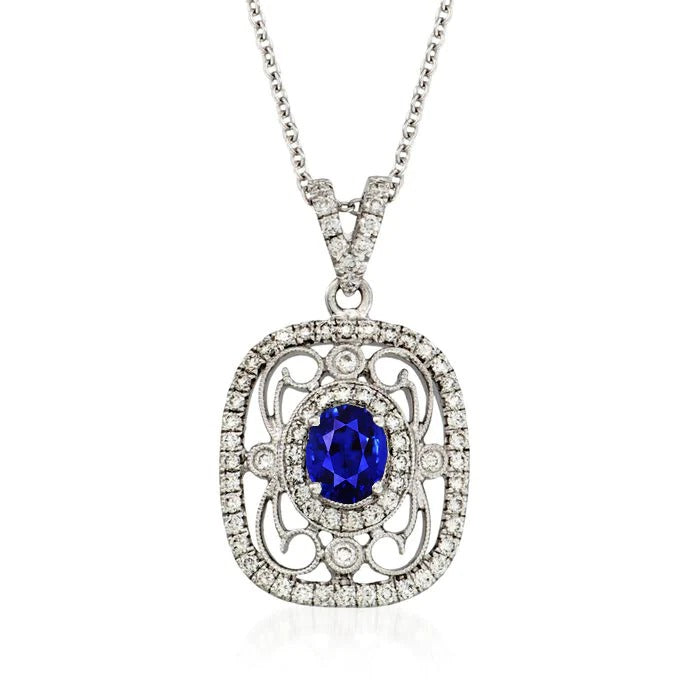 Oval Ceylon Sapphire & Diamond Vintage Style Pendant 2.50 Carats - -harrychadent.ca