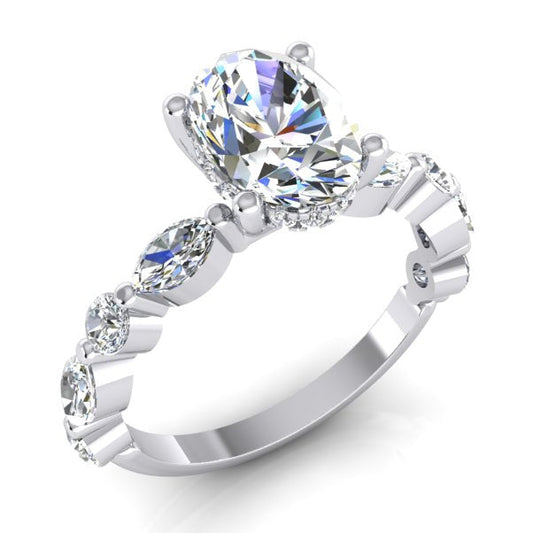 Hidden Halo Oval Diamond Lady's Ring With Round & Marquise Accents