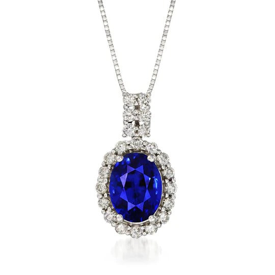 Oval Sapphire & Round Diamond Halo Pendant Prong Set 3.50 Carats - Gemstone Pendant-harrychadent.ca