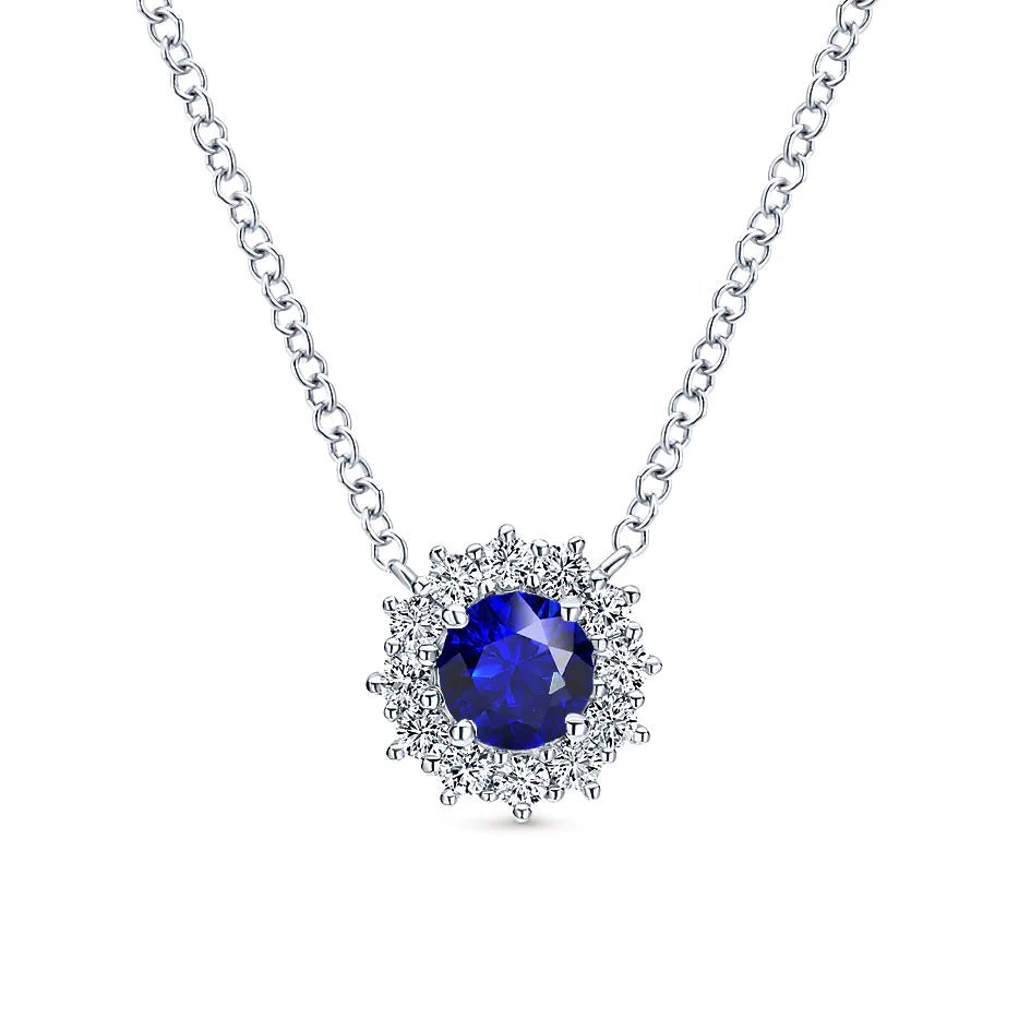 Round Gemstone & Diamond Halo Pendant Prong Set 2 Carats - Gemstone Pendant-harrychadent.ca