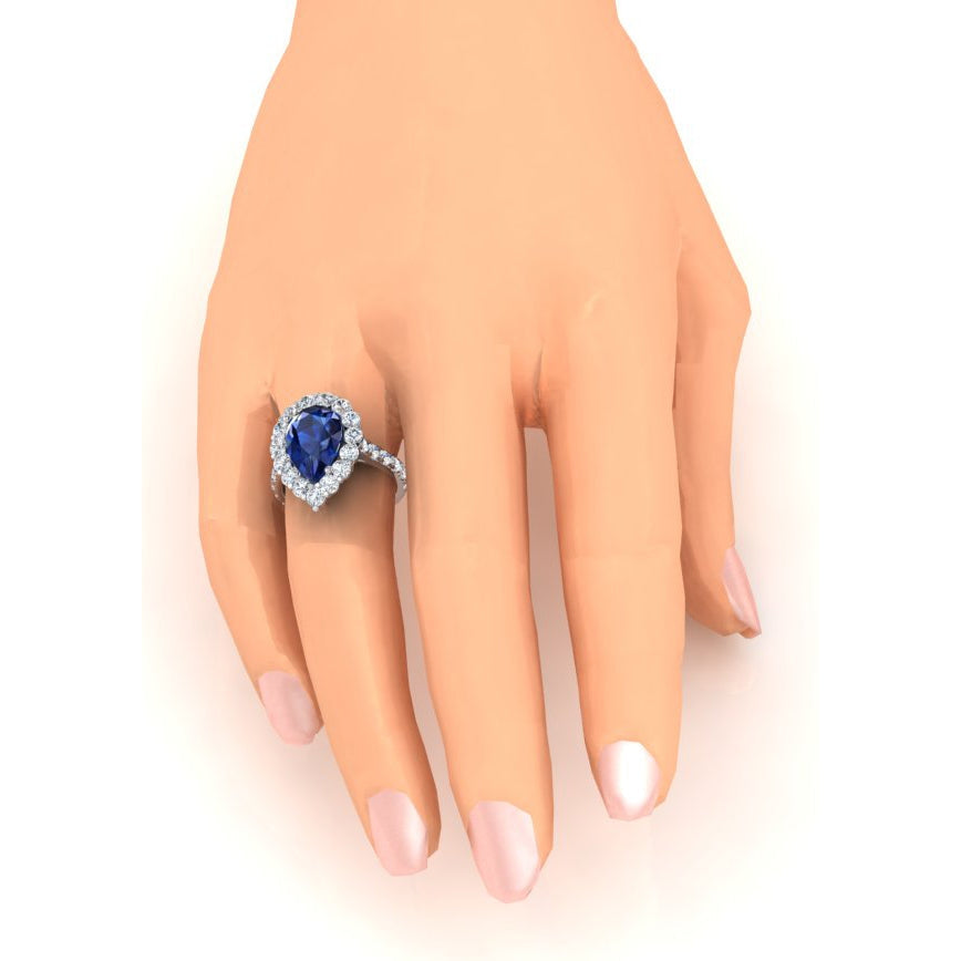 Halo Gemstone Ring Pear Blue Sapphire Gold Womens Jewelry 8 Carats - Gemstone Ring-harrychadent.ca