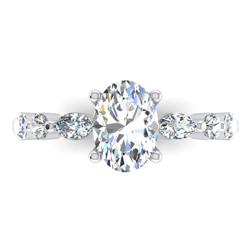 Hidden Halo Oval Diamond Lady's Ring With Round & Marquise Accents