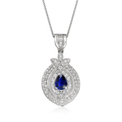 Halo Pendant Pear Sapphire Baguette & Round Natural Earth Mined Diamond 2.50 Carats