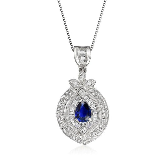 Halo Pendant Pear Sapphire Baguette & Round Diamond 2.50 Carats - Gemstone Pendant-harrychadent.ca