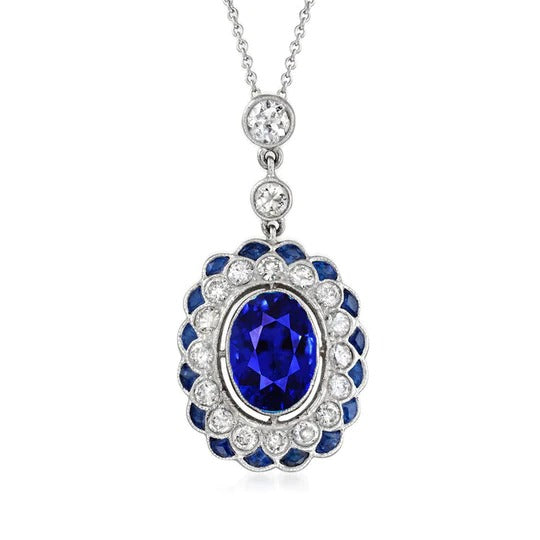 Round Diamond Double Halo Oval Sapphire Pendant 4.50 Carats - Gemstone Pendant-harrychadent.ca