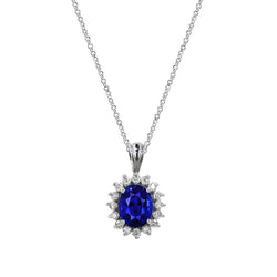 Round Natural Earth Mined Diamond & Oval Ceylon Sapphire Halo Pendant & Chain 1.50 Carats
