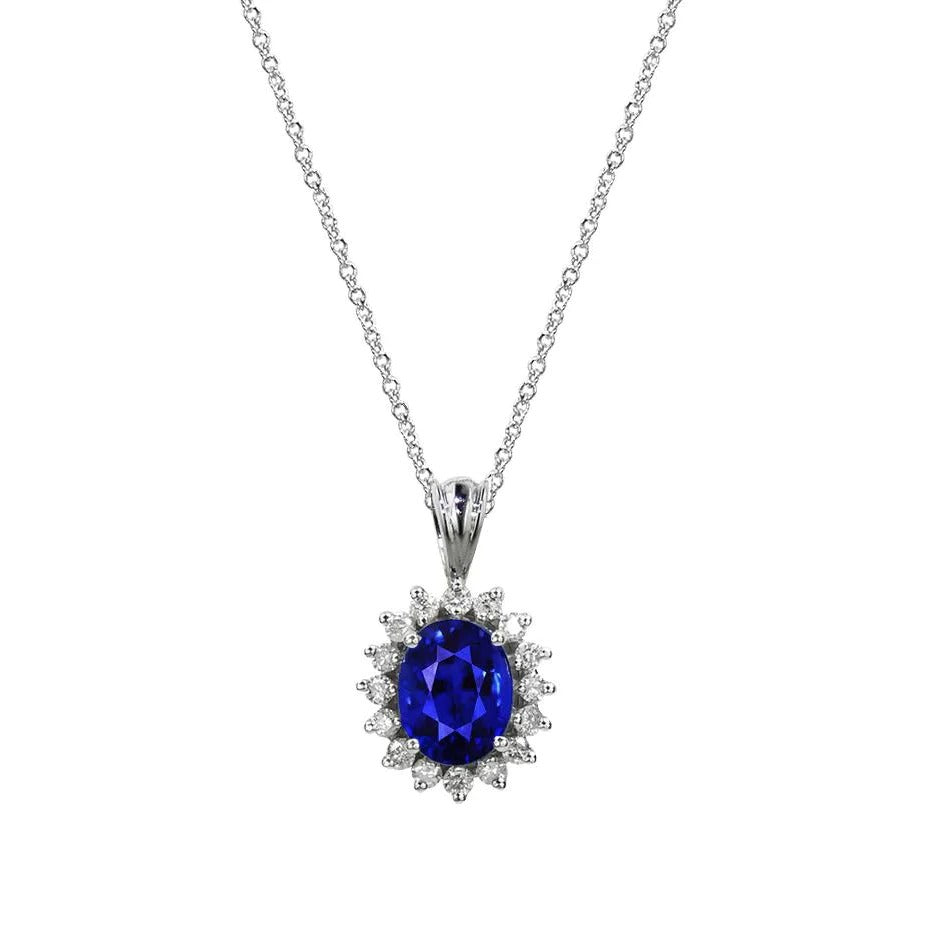 Round Diamond & Oval Ceylon Sapphire Halo Pendant & Chain 1.50 Carats - Gemstone Pendant-harrychadent.ca