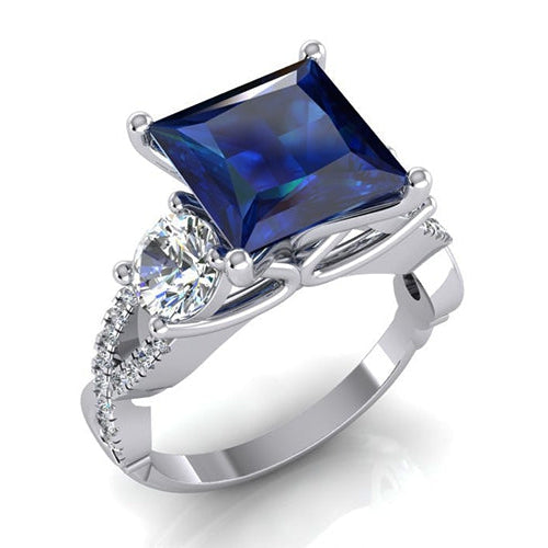 Royal Blue Sapphire Diamond Ring 5.50 Ct Princess Cut Gold 14K