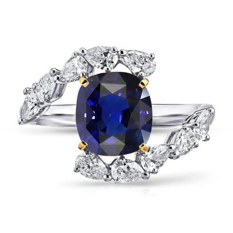 Tension Like Pear Diamond Cushion Deep Blue Sapphire Ring