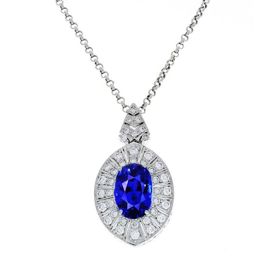 White Gold Halo Pendant Oval Srilankan Sapphire & Diamond 2 Carats - Gemstone Pendant-harrychadent.ca
