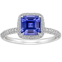 Women Gold Natural Earth Mined Diamond Cushion Cut Blue Sapphire Pave Ring 3.45 Carats 14K