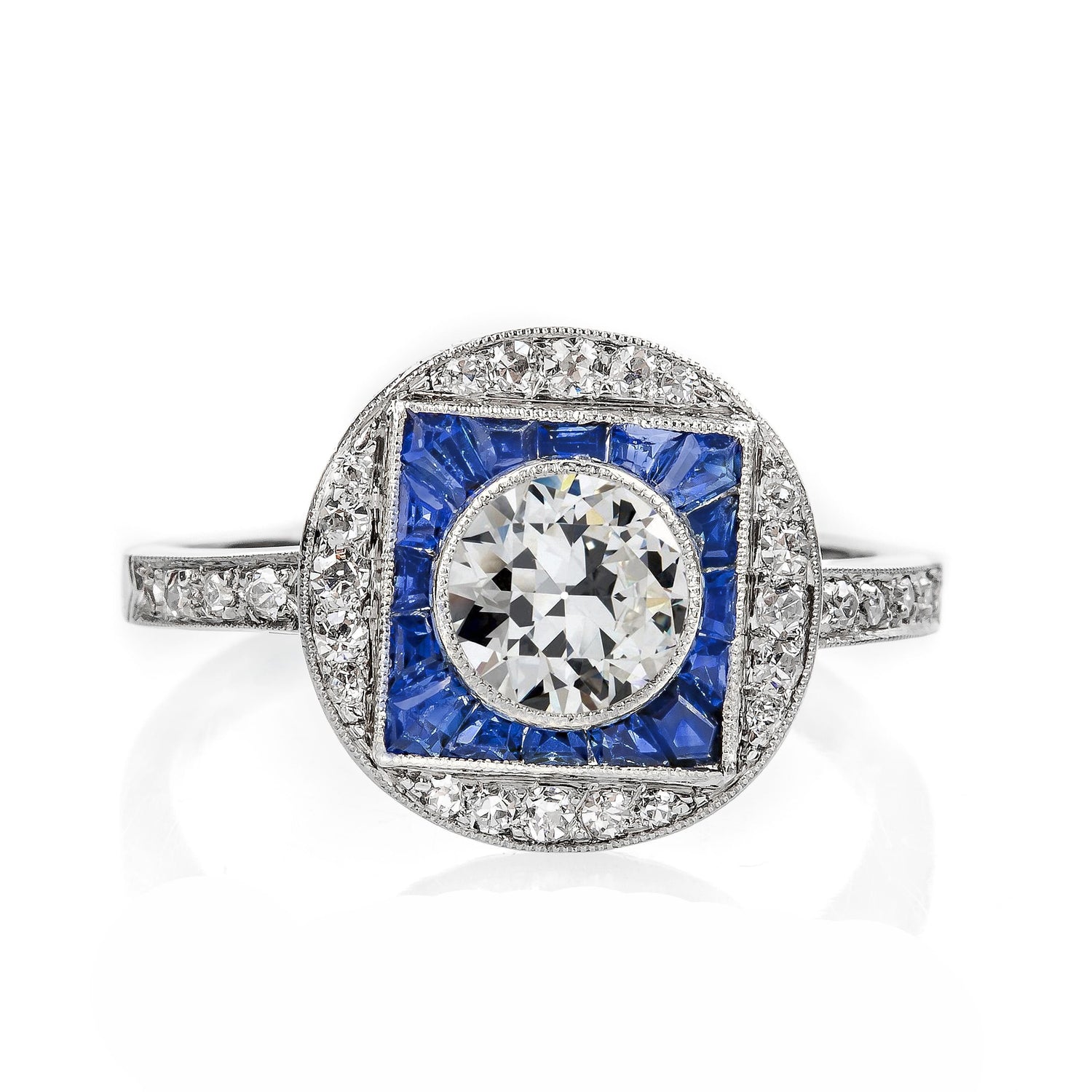 Women’s Art Deco Jewelry New Halo Ring Old Miner Diamond & Sapphires