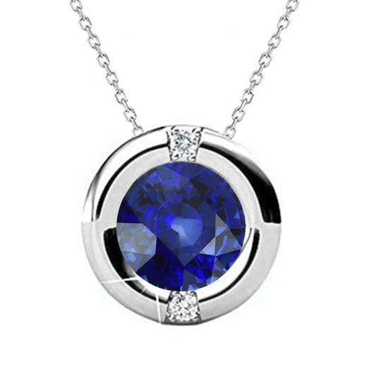 Round Blue Sapphire & Diamond 3 Stone Pendant Bezel Set 3.25 Carats - Gemstone Pendant-harrychadent.ca