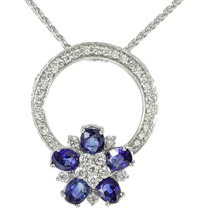 Round Diamond & Oval Srilankan Sapphire Circle Pendant 8 Carats - Gemstone Pendant-harrychadent.ca