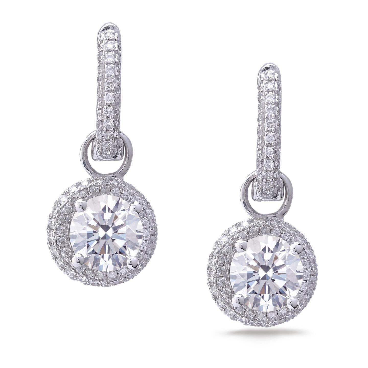 Diamonds Ladies Dangle Earrings Round Cut 2.90 Carats White Gold 14K - Dangle Earrings-harrychadent.ca