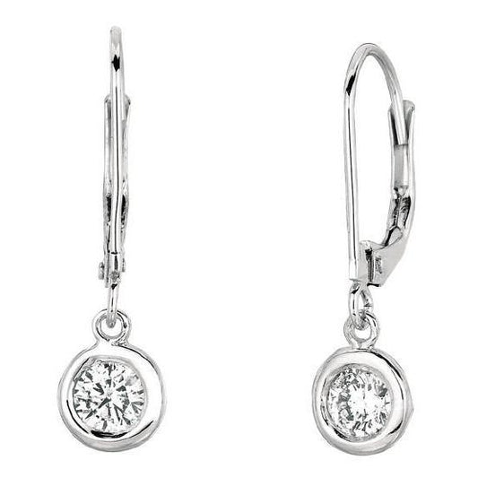 Drop Down Bezel Earrings Round Diamond Pair 0.50 Carats White Gold 14K - Dangle Earrings-harrychadent.ca