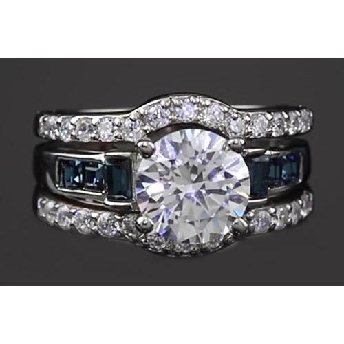 4.50 Carats Engagement Ring Set Round Diamonds & Blue Green Sapphire - Engagement Ring Set-harrychadent.ca