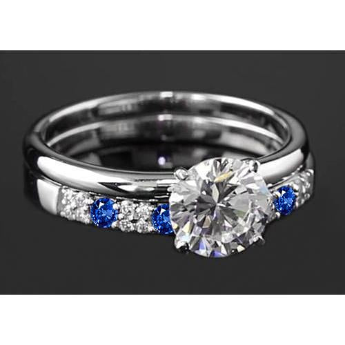 Engagement Ring Set 2.75 Carats Round Diamond & Blue Sapphire 4 Prong - Engagement Ring Set-harrychadent.ca