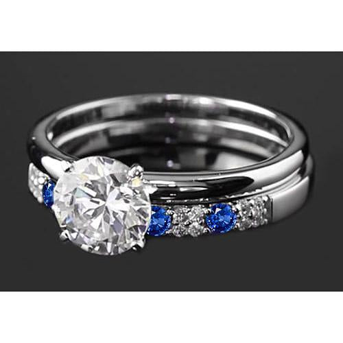 Engagement Ring Set 2.75 Carats Round Diamond & Blue Sapphire 4 Prong - Engagement Ring Set-harrychadent.ca