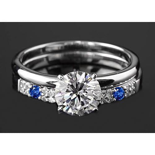 Engagement Ring Set 2.75 Carats Round Diamond & Blue Sapphire 4 Prong - Engagement Ring Set-harrychadent.ca